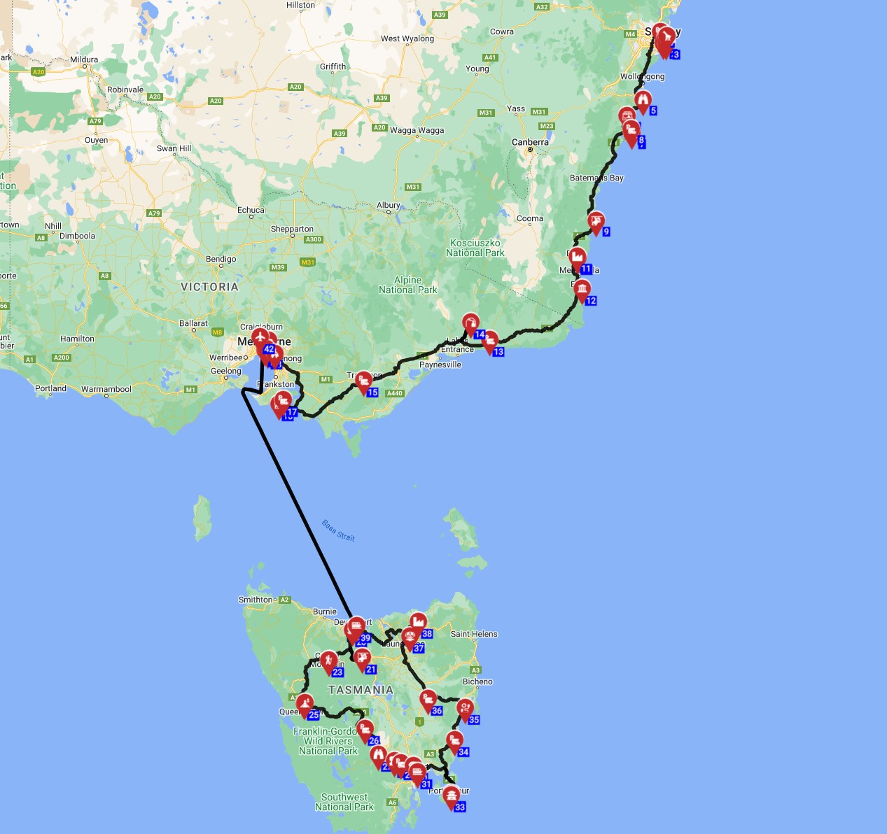 Map for Sydney to Melbourne including Tasmania